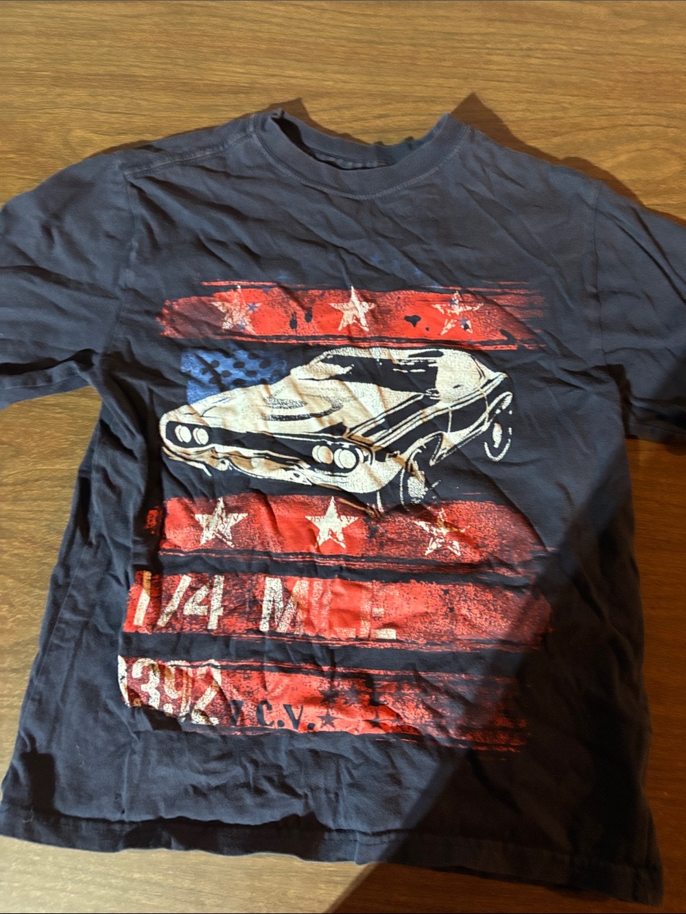 Faded Glory Navy Short-Sleeve Tee with Red, White Stars & Car Graphic